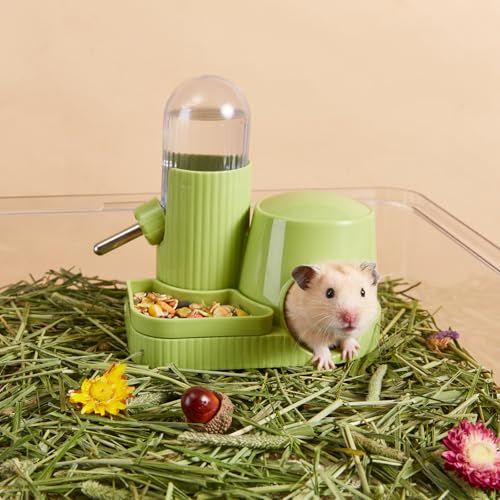 3 in 1 Hamster Water Bottle No Drip Automatic Leakproof Dispenser with Food Container and Hideout Base for Gerbil Rat Dwarf Hamster Mouse (Blue, 3.4oz) - color: Blue