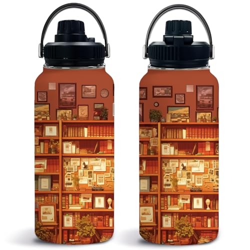 Book Lovers 32oz Water Bottle, Leak-proof Bottle, Insulated Cup | 32oz Insulated Tumbler, with Handle & Lid Reusable Coffee Mug, Christmas Birthday Gift for Book Lovers Readers - color: Bookshelf Red1