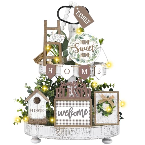 FairySandy Set of 11 Farmhouse Tiered Tray Decor Rustic Home Tiered Tray Decorations Set Wooden Signs Home This is Us Farmhouse Tabletop Wood Signs for Kitchen Table Shelf Decor - style: Greenery