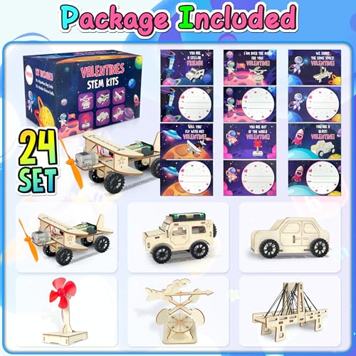 kortes Valentines Day Cards for Kids Classroom, 24 Pack Valentines Gift Cards with Stem Kits, Valentine's Party Favors Toys for Boys Girls and Valentine School Exchange Gifts Greeting Cards - style: valentines