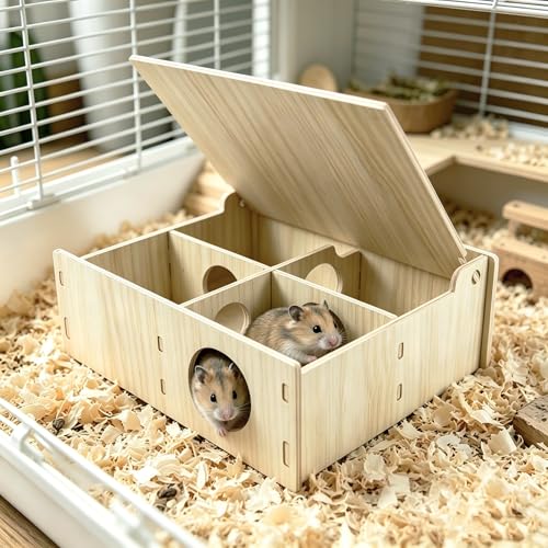 Amonk 7x8.6x3in Multi-Chamber with Play Tunnel Hamster House for Small Pets | Flip Cover Design, Multi-Chamber Hamster House, Secret Peep Shed with User Manual
