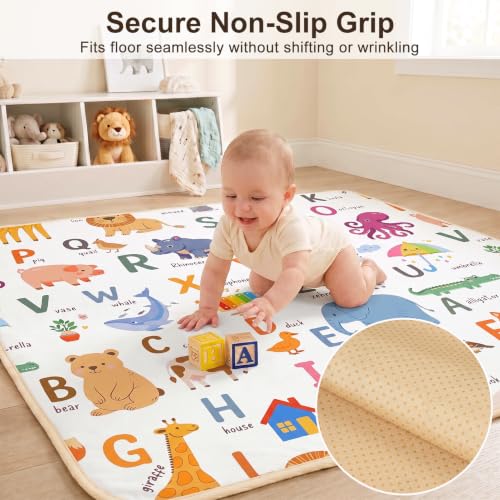 Basumee Splat Mat for Under High Chair, Waterproof & Mess-Proof Floor Mat | 46"×42" Baby Splash Mat, Non Slip Bottom, 4-Layer Fabric, Food & Liquid Catcher, Machine Wash for Boy Girl, Meals, BLW, Craft - color: Animal Alphabet, size: 46x42 Inches