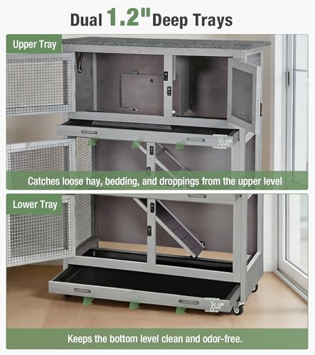 Two-Tier Guinea Pig Cages Rabbit Hutch with Anti-Chew Ramp | bunny cage with dual deep trays, weatherproof roof, lockable catsters, multiple access doors - color: 36“L Grey