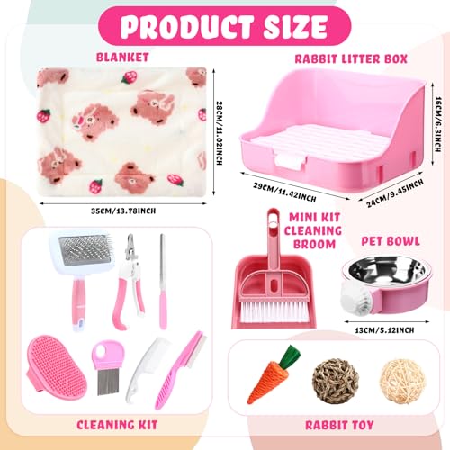 Reallnaive 15 Pcs Rabbit Starter Kit Small Rabbit Litter Box Girls Gift Animal Grooming Kit Bunny Toys Bowl Blankets with Cleaning Set for Guinea Pig Accessories(Pink) - color: Pink