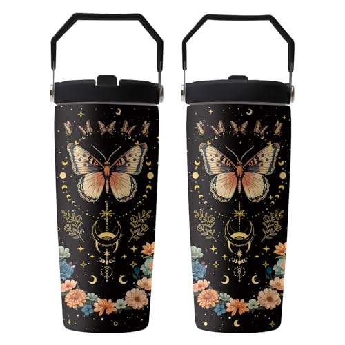 Butterfly 28 oz Tumbler, with Handle Lid Straw, Stainless Steel Cup | 28oz Insulated Tumbler, Travel Leak Proof Water Bottle, Thanksgiving Christmas Birthday Gift for Animal Moon Butterfly Lovers - color: Black