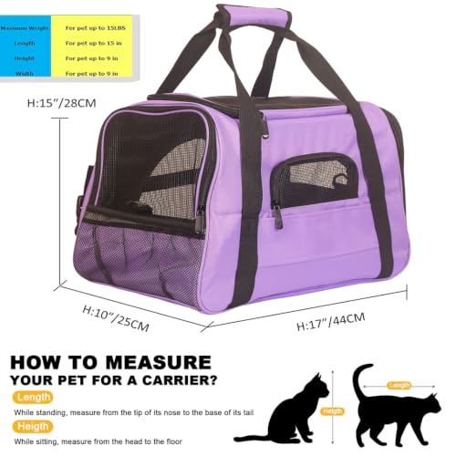 Purple Soft-Sided Cat Carrier, Airline Approved Cat and Dog Carrier Travel Bag with Mesh Windows, Cat Carrying Case Up to 15 Lbs (Purple, Small) - color: Purple
