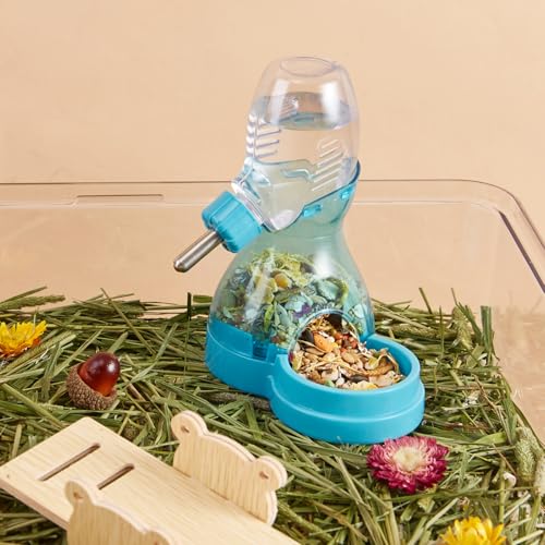 2 in 1 Hamster Water Bottle No Drip with Large Capacity Automatic Food Dispenser Small Animal Feeder for Syrian Dwarf Hamster Mouse Rat Degu (Blue, 3oz) - color: Blue