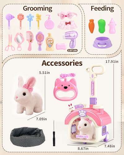 23Pcs Hopping Bunny Toy Set for Kids with Rolling Carrier House | Interactive Electric Walking Rabbit, Pretend Pet Care Grooming & Feeding Kit, Gift for Little Girls Toddlers 3-5 - style: rabbit