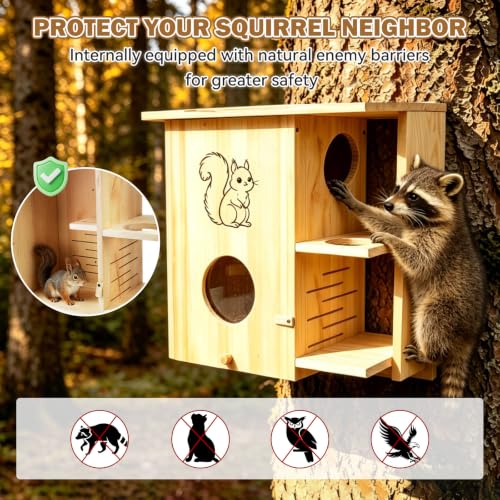 Large Squirrel House for Outside with Window, Wooden Squirrel Nesting Box | observation window, Dual Balconies, Lockable Front Panel, Extend the Eaves
