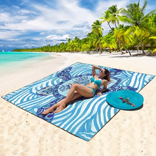 WIWIGO Beach Blanket Mat Waterproof Sandproof for 2-8 Adults Quick Drying | Extra Large, For 2-8 Adults,Windproof, Outdoor Picnic Mat, Beach Accessories Must Have,Gifts, for Travel, Camping, Hiking - color: Blue Sea Turtle - Line Base, size: 79" X 83"（1-4
