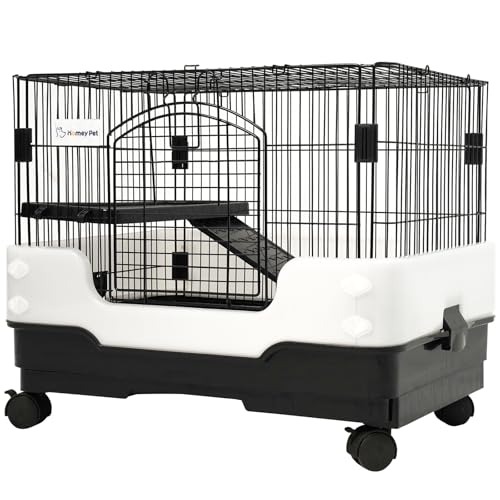 Homey Pet Rat Cage, Small Animal Cage for Ferret, Chinchilla, Guinea Pig | Portable, Lockable Wheels, Splash Guard, Easy-Clean Pull-Out Grid Tray, Non-Slip Ramp, Safe Lock, Chew-Proof, Black 2-Tier - size: 25.0"L x 16.5"W x 21.0"H