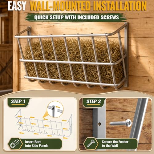 25 Gallon Wall Mount Hay Feeder, Metal Hay Rack for Goats and Horses | Galvanized steel, livestock feeding rack, barn stall feed holder, space-saving, rounded edges, easy install