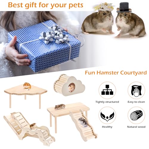5-in-1 Wooden Hamster Toys Set Hamster House Hideout with Ladder Bridge Platform Table Climbing Ramp, Chew Toy for Syrian Dwarf Hamsters Gerbils Small Pets Cage Accessories Natural Wood Habitat Decor