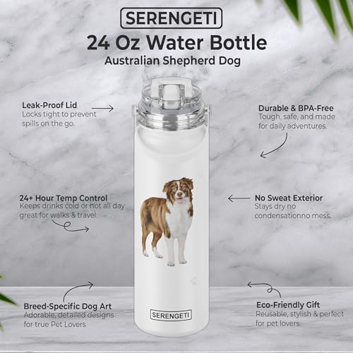 SERENGETI 24 Oz Water Bottle Stainless Steel with Spill Proof Lid - Double walled Vacuum Insulated water flask - Realistic 3D Print of your favorite dog (Australian Shepherd) - color: Australian Shepherd