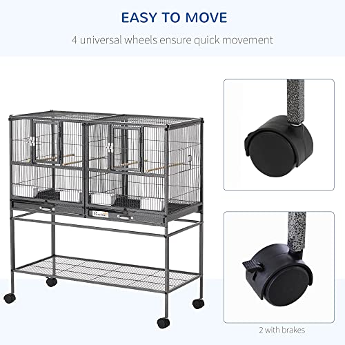 PawHut Divided Breeder Bird Cage with Rolling Stand Removable Metal Tray | Storage Shelf, Wood Perch, Food Container