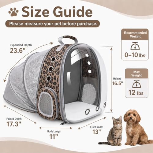 Expandable Cat Carrier Backpack with Bubble Window, Animal Print | Breathable mesh, anti-collapse frame, side door, safety leash and escape-resistant zippers for vet visits and outdoor travel. - color: Leopard Print
