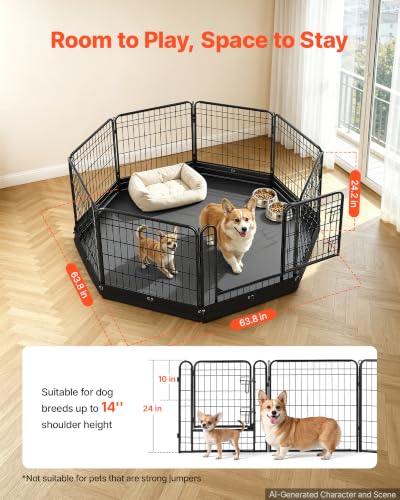 VEVOR Dog Playpen, 24 Inch 8-Panel Puppy Pen with Waterproof Bottom Pad - size: 63.8 x 63.8 x 24.2 in