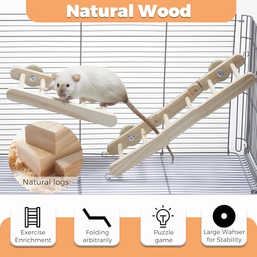 Rat Climbing Activity Bundle - 2pc Hemp Rope Net & Adjustable Wooden Ladder Set - Includes Hanging Bridge and Multi-Level Platforms for Rats Mice Parrots Small Pets Cage Accessories