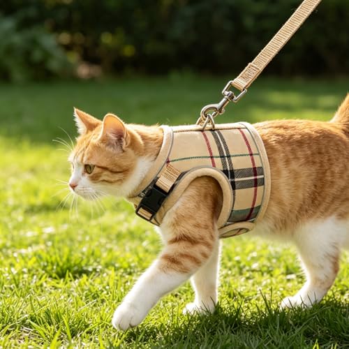 BINGPET Cat Harness and Leash Set, Escape Proof and Adjustable, Medium | Step-in Vest, Lightweight Soft Breathable Mesh, Hook & Loop, Easy Control for Small & Medium Cats Walking Travel - color: Plaid, size: Medium
