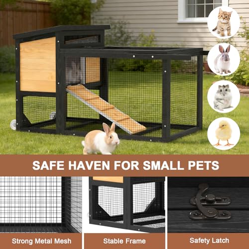 TIMHAKA 2-Story Bunny Hutch with Wheels and Chew-Proof Ramp, Yellow | Indoor Outdoor Bunny Cage w/ Leak-Proof Trays and Openable Waterproof Roof for Rabbits, Guinea Pig, Small Animal - size: 47.2"L x 21.98"W x 27.2"H
