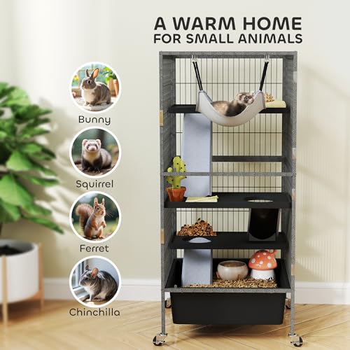 PawHut 45 Inch Small Animal Cage, 4-Tier Rolling Ferret Chinchilla Rabbit Cage with 6 Inch Deep Slide-Out Tray, Platforms, Hammock, for Bunnies, Ferrets, Chinchillas, Squirrels, Gray | Ferret Chinchilla Rabbit Cage, 6 Inch Deep Slide-Out Tray, Platforms,