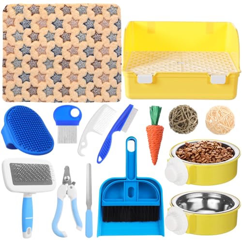 Reallnaive 15 Pcs Rabbit Starter Kit Small Rabbit Litter Box Girls Gift Animal Grooming Kit Bunny Toys Bowl Blankets with Cleaning Set for Guinea Pig Accessories(Yellow) - color: Yellow