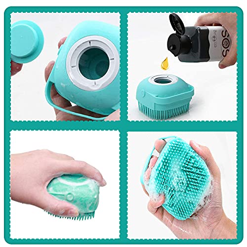 Pet Grooming Bath Massage Brush with Soap and Shampoo Dispenser Soft Silicone Bristle for Long Short Haired Dogs Cats Shower (Blue) - color: Blue