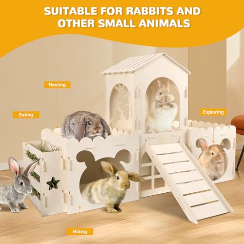 Extra Large Rabbit Castle, Wooden Bunny House & Hay Feeder, Detachable Rabbit Hideaway, Indoor Rabbit Castle with Ramp, Small Animal Houses & Habitats - size: Extra Large-4 House