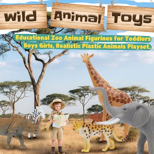 Safari Animal Figurines Set for Kids, 10 Piece Realistic Wild Zoo Animals Collection with Elephant, Lion, Tiger, Giraffe, Educational Toys for Toddlers Boys Girls - style: 10-PC Safari Animal Figures Set
