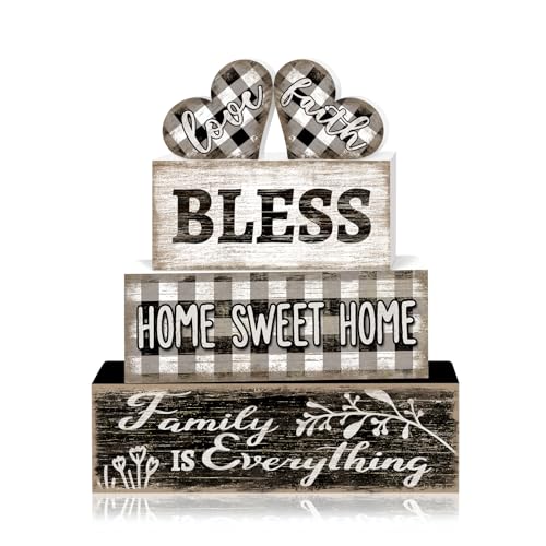 Tiered Tray Decor Set, 4 Pcs, Wooden, for Home Kitchen, Hearts | Checkered Sweet Home, Farmhouse Rustic Summer Coffee Table Centerpieces Office Decorations - style: Heart