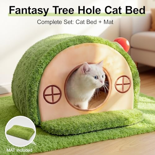 Cat House for Indoor Cats - Tree Hole Cat Bed Cave Hideaway | Enclosed Calming Shelter for Small Medium Pets, Removable & Washable Cushioned Pillow, Cute Kitten Bed with Anti-Slip Base