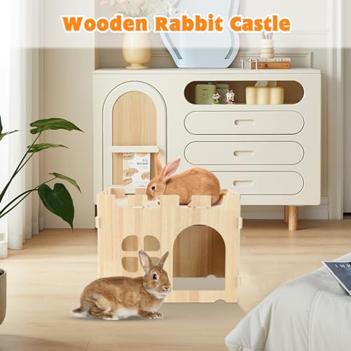 YUEPET Wooden Rabbit Castle, Bunny Castle & Detachable Rabbit House Hideout | Poplar Plywood Panels, Tool-Free Assembly, 12 Rubber Fastening Rings, Two-Level Hideout, Bunny House Indoor - size: Rabbit Castle+No Ramp