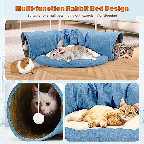 BWOGUE Bunny Tunnel Bed, 2-in-1 Collapsible Rabbit Tunnel Hideout with Mat | Rabbit Tunnel for Indoor Bunnies, 46.8 in Length, Removable Mat, Ball Toy for Play, Soft Suede Fabric, Cats Guinea Pigs - color: Blue