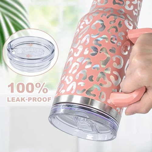 40 oz Tumbler with Handle and Straw, 100% Leak-Proof Travel Mug, Stainless Steel Double Wall Vacuum Insulated Coffee Cup Keeps Cold For 34 Hours, Dishwasher Safe, Canyon Clay Leopard - color: Canyon Clay Leopard
