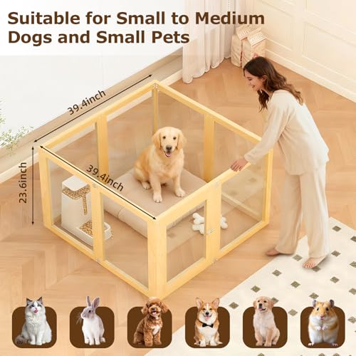 8 Panel Elegant Wooden Frame Clear Acrylic Indoor Puppy Playpen | Stain-resistant waterproof layering designed for hassle-free cleaning and long-lasting furniture protection - size: 8 Panel 39.4x39.4in