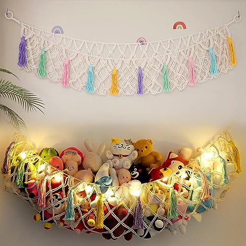 Stuffed Animal Net or Hammock, Large Stuffed Animal Storage Macrame Toy Hammock Hanging Corner Net for Stuffed Animals, Plushie Net Hammock with Star Lights for Boho Kids Room Nursery Playroom Decor