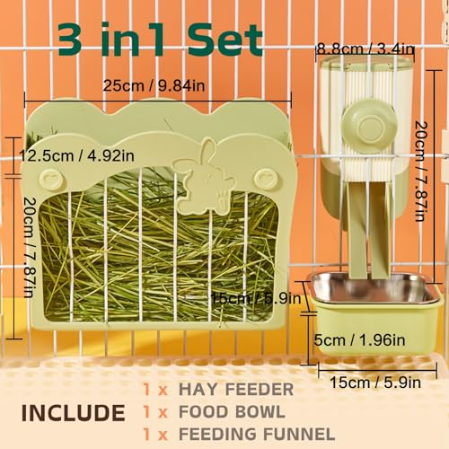 Rabbit Hay Feeder, 3-in-1 Feeding Set with Food Bowl and Hanging Funnel for cage, Hay Rack for Bunny Guinea Pig Chinchilla (Green) - color: Green