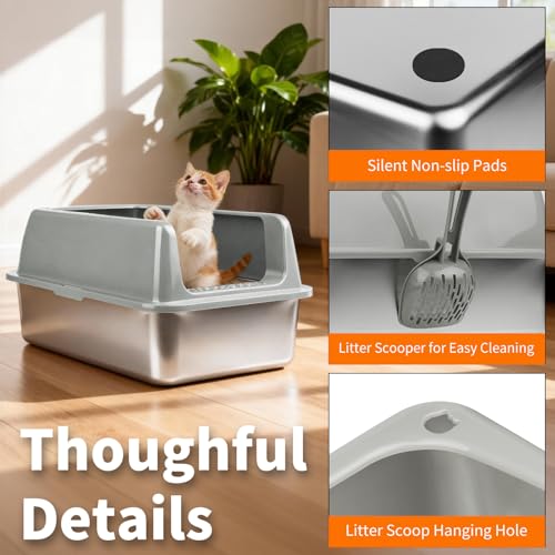 Kirecoo 2 Pack Medium Semi-Enclosed Stainless Steel Cat Litter Box with Lid | Scoop Included, Sturdy Metal Box, Anti-Leakage, Odor Free, Easy to Clean, For Cats Kittens & Bunnies, Multi-Cat Friendly - size: Medium