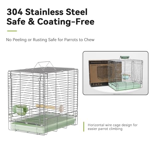 Bird Carrier Travel Cage - 304 Stainless Steel Portable Folding Bird Travel Cage with Parrot Feeder Cups & Standing Perch for Smaller Birds Conures Lovebird Cockatiel Parakeets (Green) | Easy install, includes carry bag. Rustproof, chew-safe, folds flat.