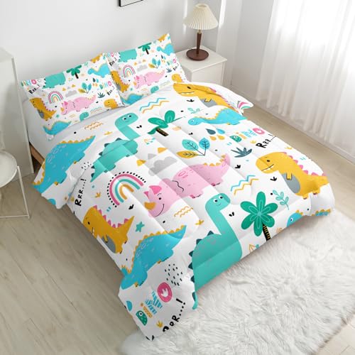 Nttopship Cute Cartoon Dinos Comforter Sets King Size for Kids, Cartoon Dinosaurs and Rainbows Comforter Sets All Season 1 Comforter and 2 Pillowcases - color: Cartoon Dinos, size: King