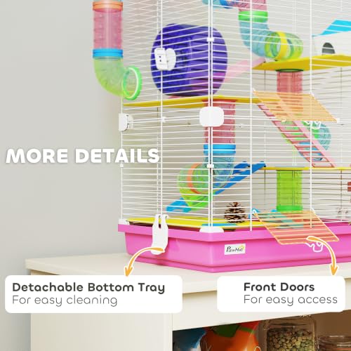 PawHut 18" 5 Tier Hamster Cage w/Tubes and Tunnels for Gerbil Pink | Small Animal Cage, Portable Carry Handle, Water Bottle, Food Dish, Exercise Wheel - color: Pink