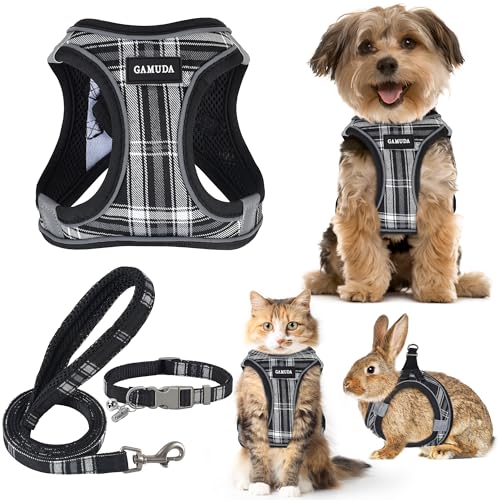 GAMUDA Small Dog Harness Collar and Leash Set, Step in No Chock No Pull Soft Mesh Adjustable Dog Vest Harnesses Plaid Reflective for Dogs Puppy Cats Kitten Rabbit (Black, XXS) - color: Black, size: XXS