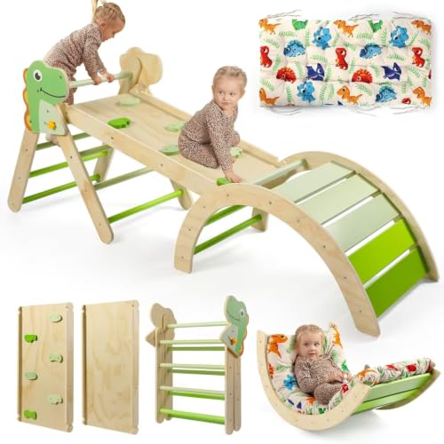 Pikler Triangle Set with Cushion, 7 in 1 Toddler Climbing Toys Indoor | Foldable Space-saving Design, Montessori-inspired Learning, Reversible Slide & Ramp, ASTM F963 Standards for Toddlers 18M-5Y - color: Dinosaur