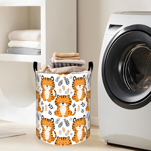 Cheerful Tiger with Leaf Laundry Basket with Handles, 19.7"x15.7" Clothes Foldable Cute Tigers Cartoon Animal Laundry Hamper Organizer for Dorm Nursery Bedroom Bathroom Decor, Toy Storage Bin for Kids - style: Tiger20