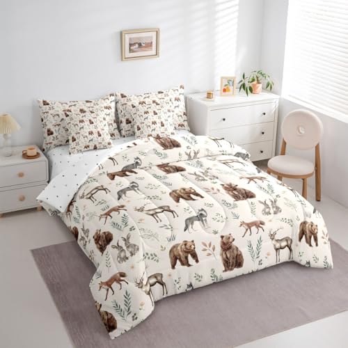 Erosebridal Woodland Animals 7 Piece Comforter Set Twin Size Bear Deer Hunting Theme Bedding Set for Kids Child Bedroom | Cartoon Rabbit Wolf Fox Wildlife Duvet Insert Rustic Cabin Lodge Decor Sheets - color: Brown Grey Green, size: Twin