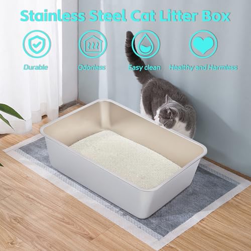 Stainless Steel Litter Box,Metal Litter Box for Big Cats 8IN Deep | Cat Litterbox 2 Pack Easy to Clean-High Sided,Stainless Steel CatLitters Box for Adult Cats,Non Stick, No Smell - color: 2packs-XXL-8" H