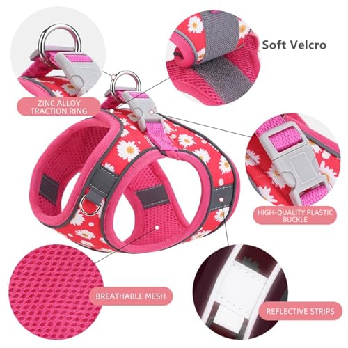 Step in Dog Harness No Pull Flower Adjustable Soft Mesh Harness | Reflective Escapeproof Pet Vest Harness and Leash Set for Small Medium Dogs - color: Rose red, size: S(neck:10.5"-12",chest:13.5"-16")
