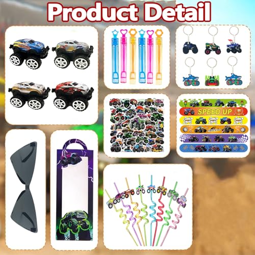 110PCS Monster Truck Party Favors, Birthday Decorations and Goodie Bag Toys | 110PCS monster truck party favors with boxes, trucks, sunglasses, stickers, bracelets, keychains, bubble wands and straws. - style: Monster Truck