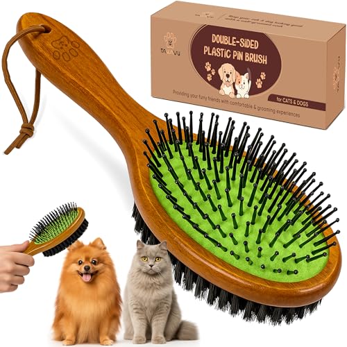 TAKAVU Pin & Bristle Pet Brush for Dogs & Cats, Double-Sided | Grooming Tool Detangles, Removes Loose Hair & Conditions Coat, Soft on Sensitive Skin, Natural Wood Handle Groomer - color: Black Boar Bristle & Pin Brush