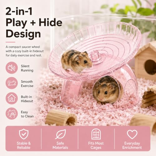 Silent Hamster Wheel with Hamster Hideout, Quiet Flying Saucer Exercise Wheel for Dwarf Hamsters, Stable Running Wheel, Small Animal Cage Accessory, Easy to Clean (Pink) | 2-in-1 flying saucer wheel with hideout, quiet spin, wide track, clear body, stable